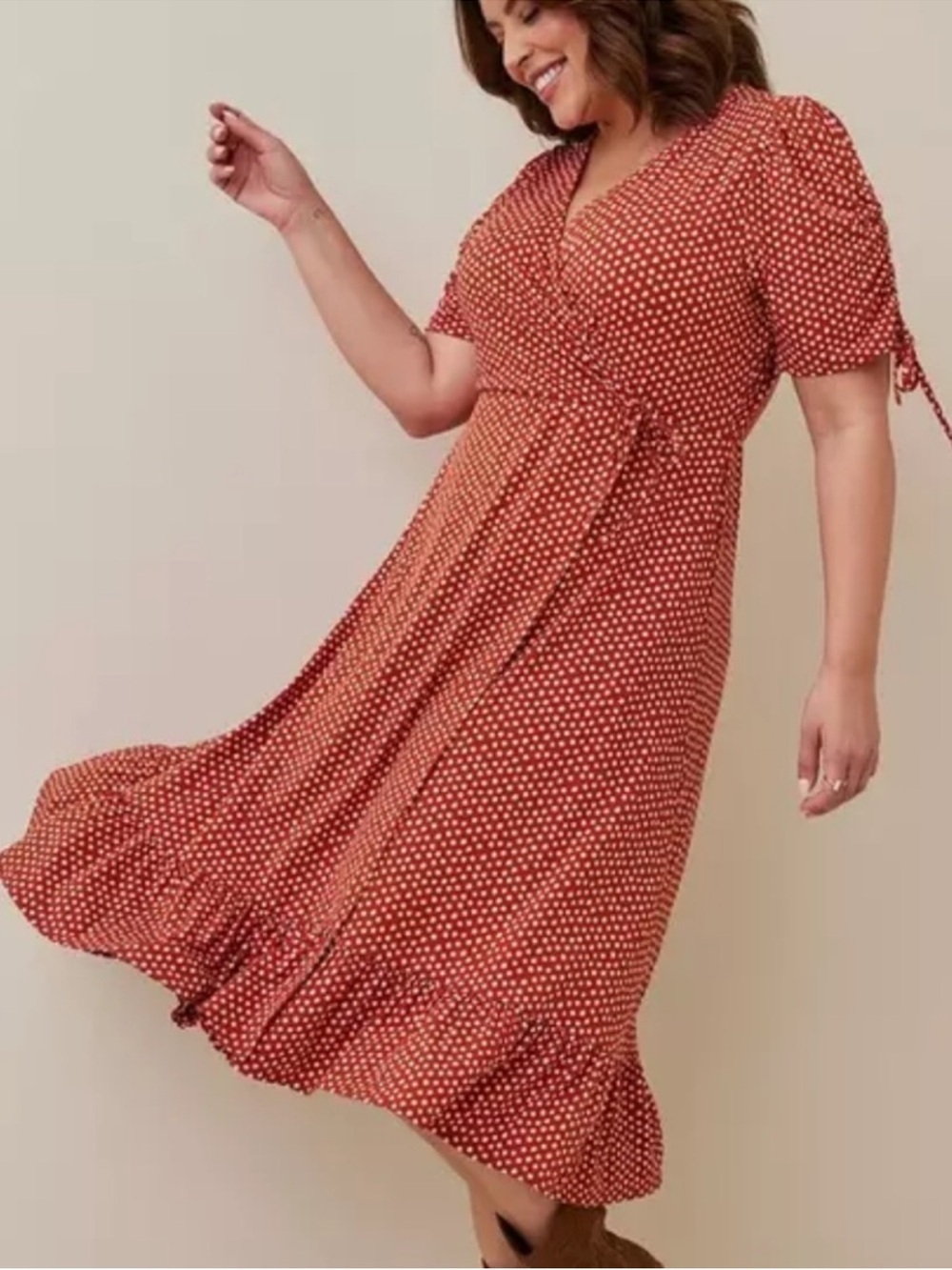 EUC Torrid A-Line Midi Surplice Wrap Dress Brown Dot Size 4X